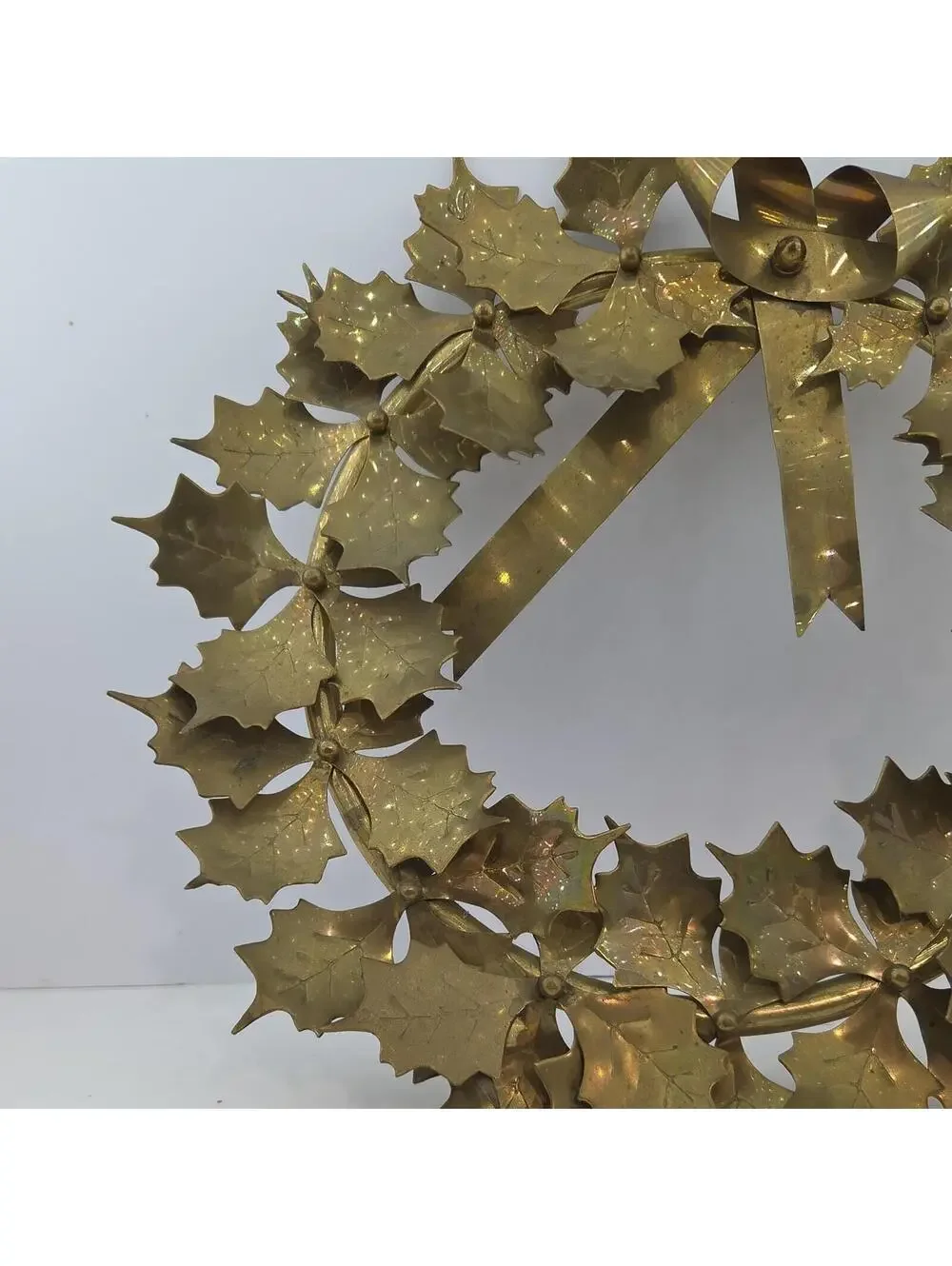 Vintage 1970s Solid Brass Christmas Wreath 15” Montgomery Ward Holly Decor
